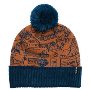 KAVU Herschel Beanie Hat "It Takes A Village" Brown Blue Range Pom Pom